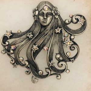 JJ Jonette Jewlery Pewter AB Rhinestone Goddess Asteria Brooch